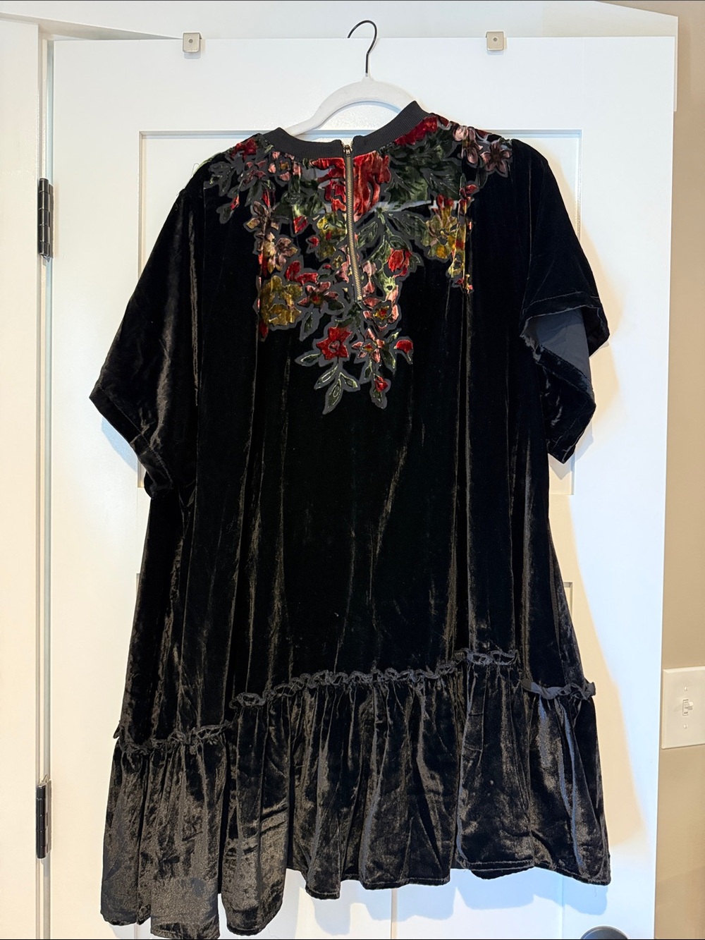 Free People Black Velvet Mini Dress with Red & Green Floral Appliqué - Picture 3 of 3